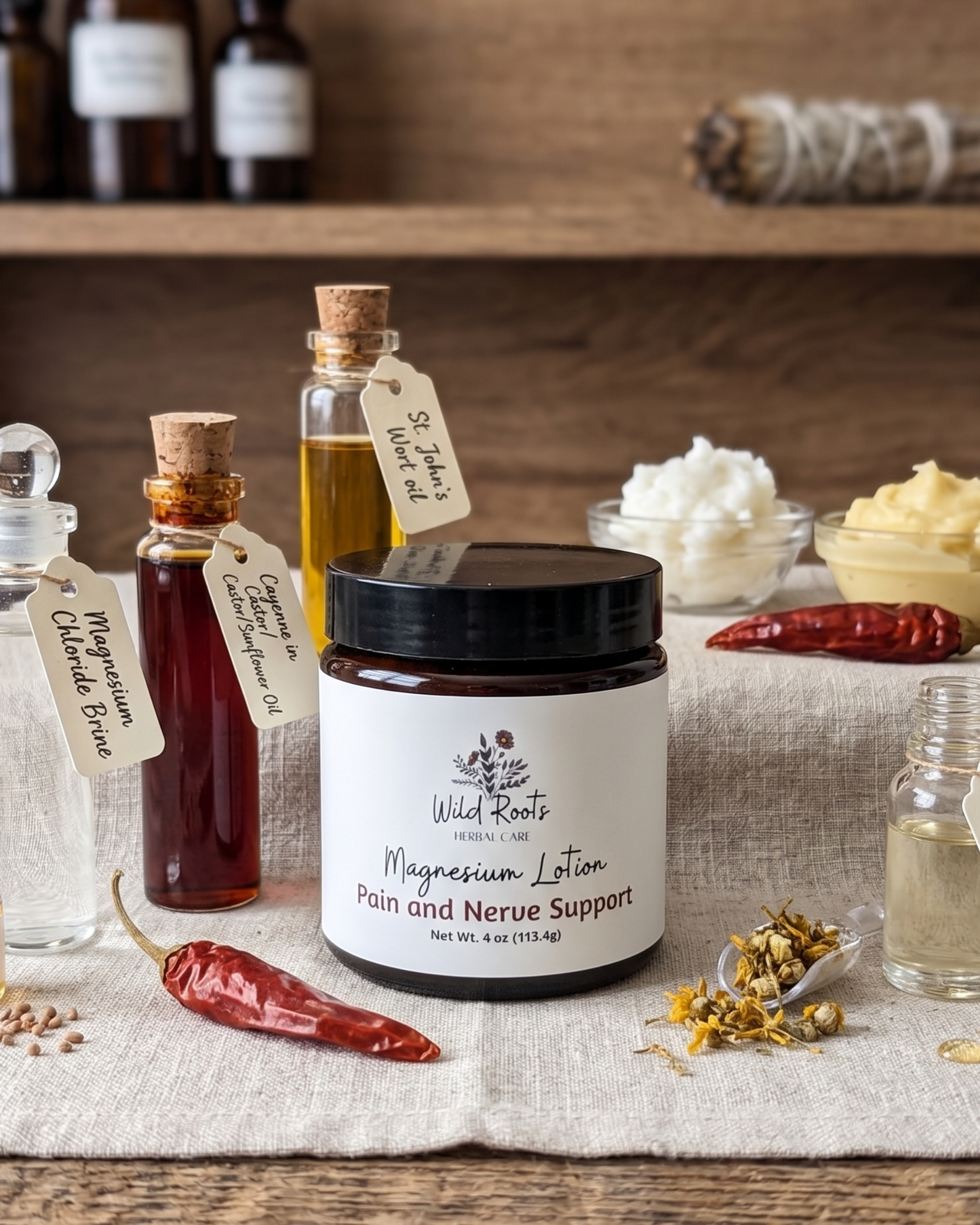 Assorted natural products including bottles, jars, and a jar labeled 'Nerve Support' on a wooden surface.