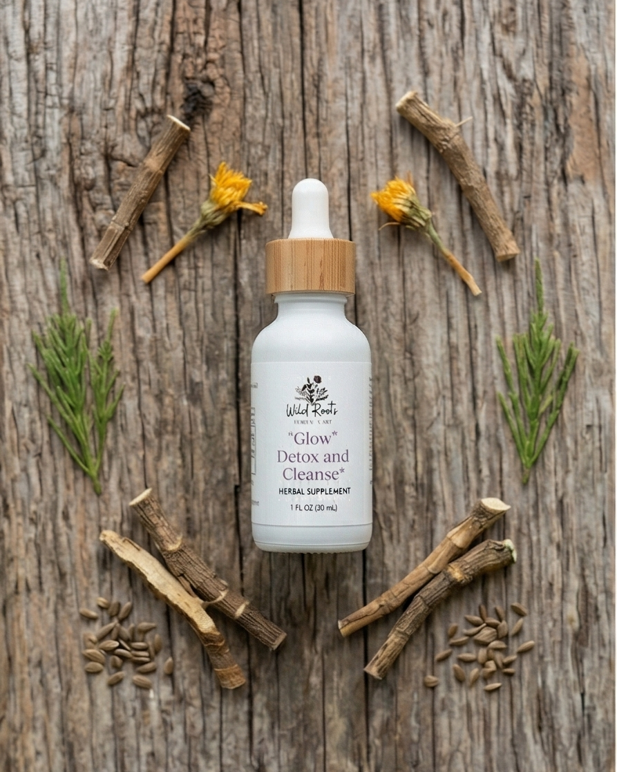 Herbal supplement bottle with dropper on a wooden surface with herbs and sticks.