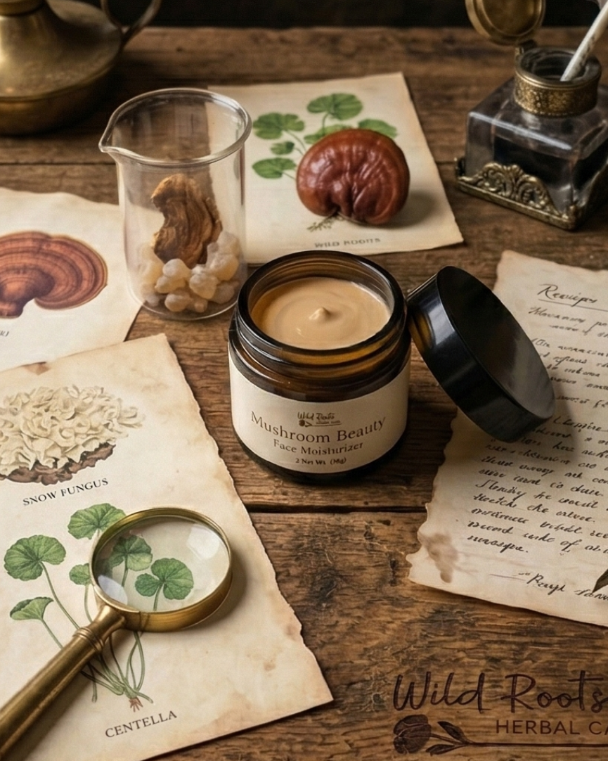 Collage of Wild Roots mushroom beauty product packaging with natural elements on a wooden surface.