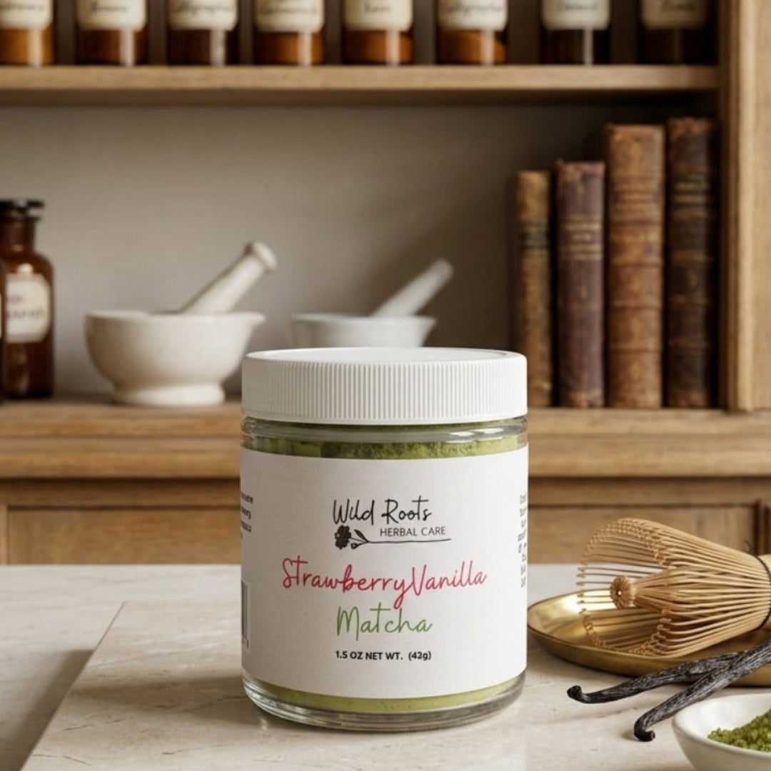 Organic Strawberry Vanilla Matcha powder in a glass apothecary jar