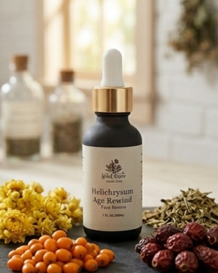 Bottle of Helichrysum Age Rewind serum with natural ingredients on a table