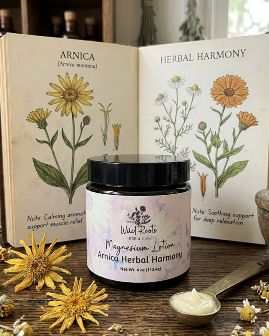 Jar of Wild Roots Magnesium Lotion on a wooden surface with herbs and an open book titled 'Herbal Harmony'.
