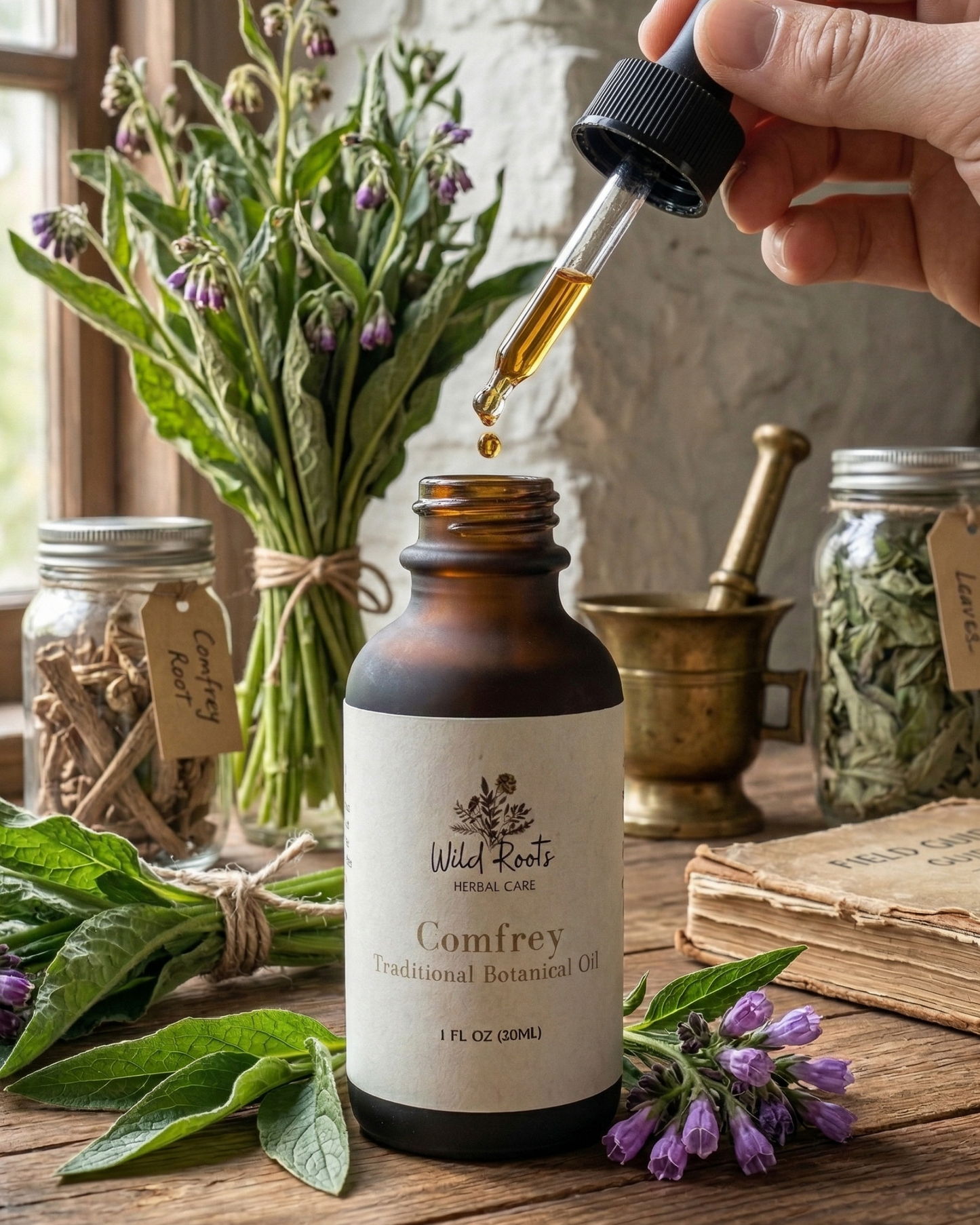 Bottle of Wild Roots Comfrey Traditional Hormone Oil with a dropper on a wooden surface with herbs and flowers.