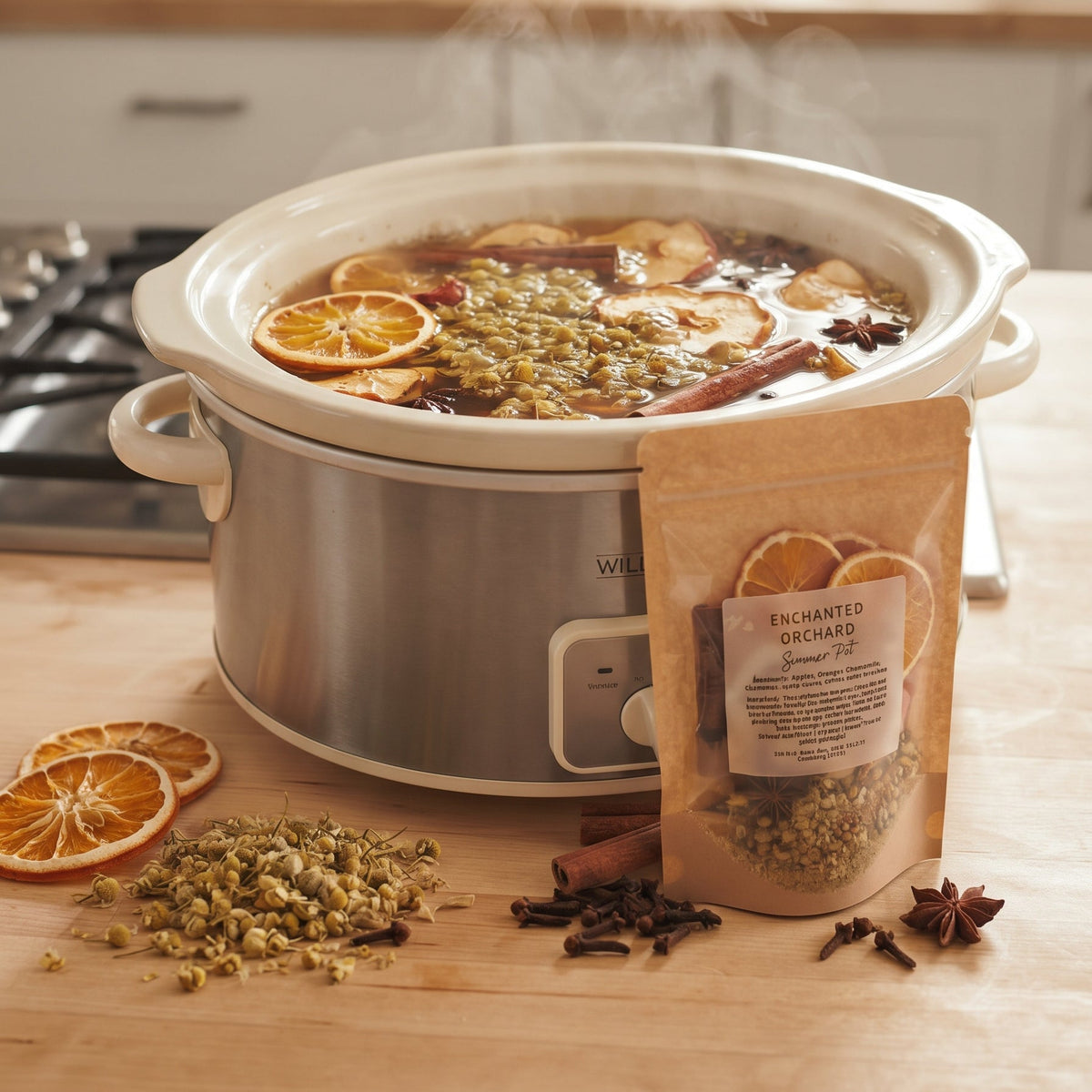 A steaming slow cooker filled with a warm herbal tea or spice blend sits on a wooden kitchen counter, with a pouch labeled Enchanted Sagemary and loose dried ingredients arranged nearby. The scene includes orange slices, cinnamon sticks, cloves, and star anise, with a softly blurred kitchen background.
