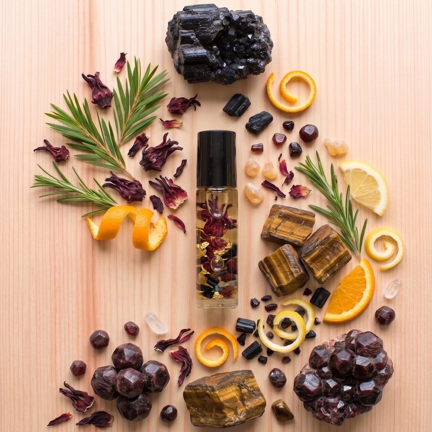 A botanical roller bottle filled with dried flowers and herbs, styled in a flat lay on a light wood background with natural ingredients including citrus slices, rosemary, dried hibiscus, crystals, and stones.
