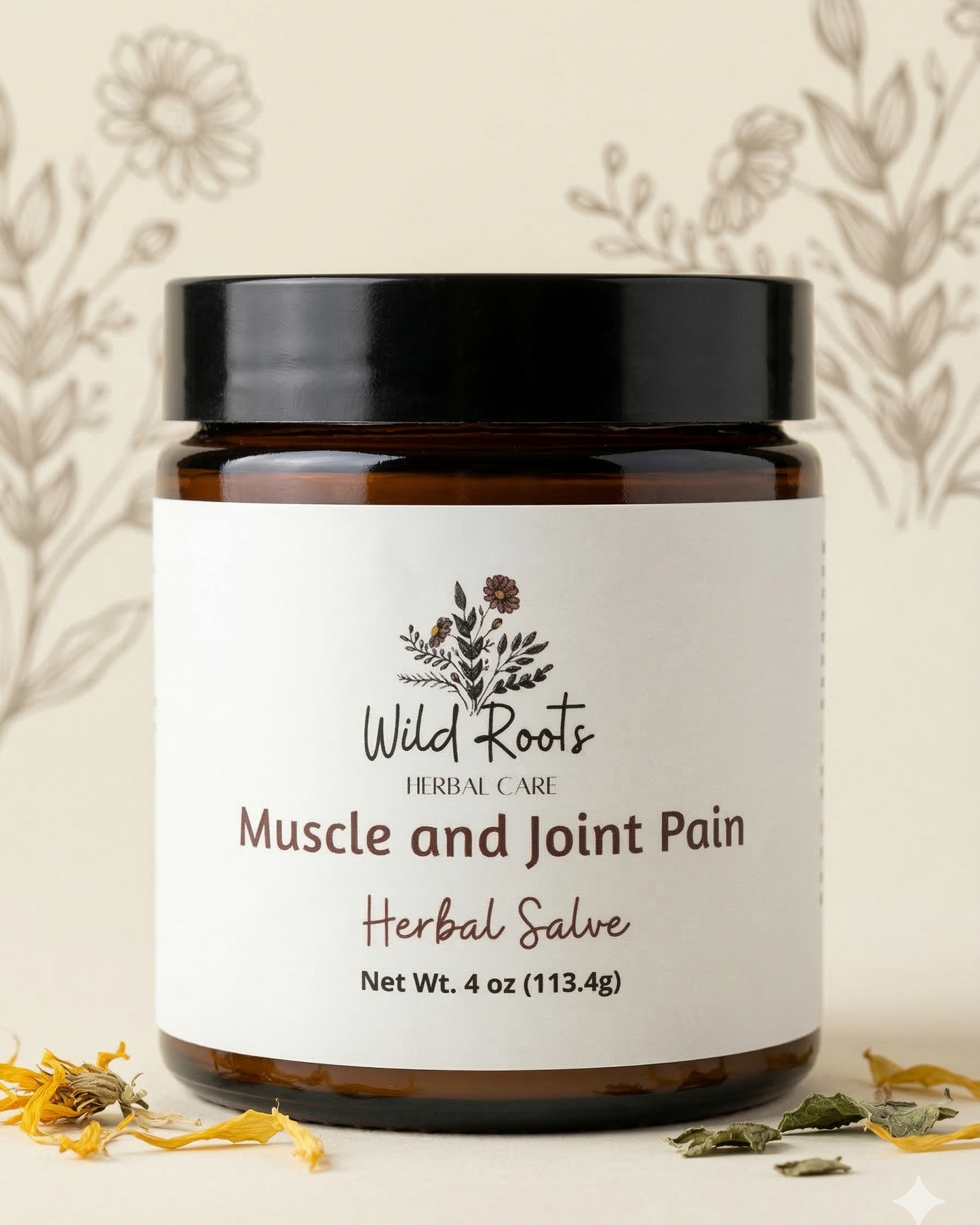Jar of Wild Roots Herbal Care Muscle and Joint Pain Salve on a floral background