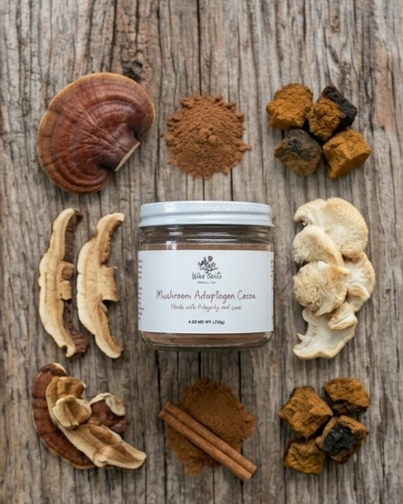 Mushroom adaptogen cocoa product with dried mushrooms and spices on a wooden surface