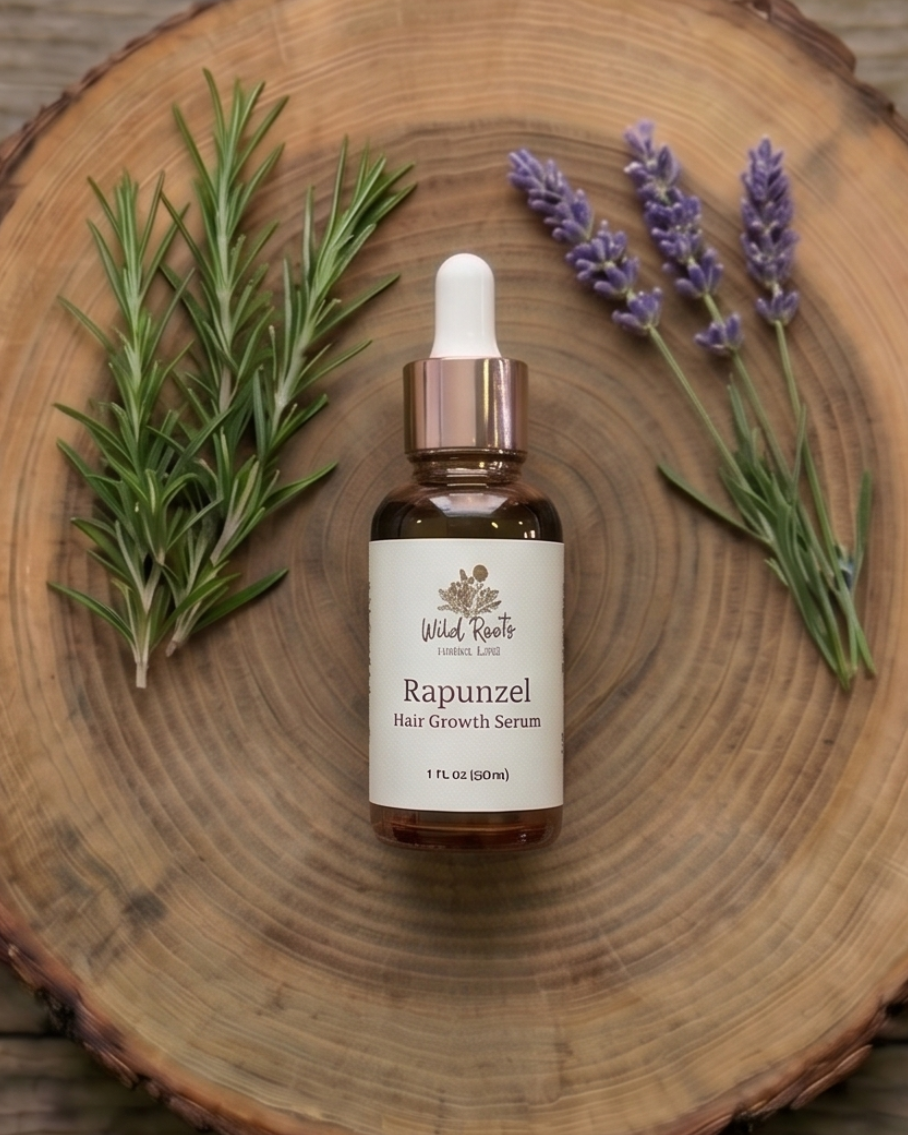 Rapunzel hair growth serum bottle with lavender and rosemary on a wooden surface