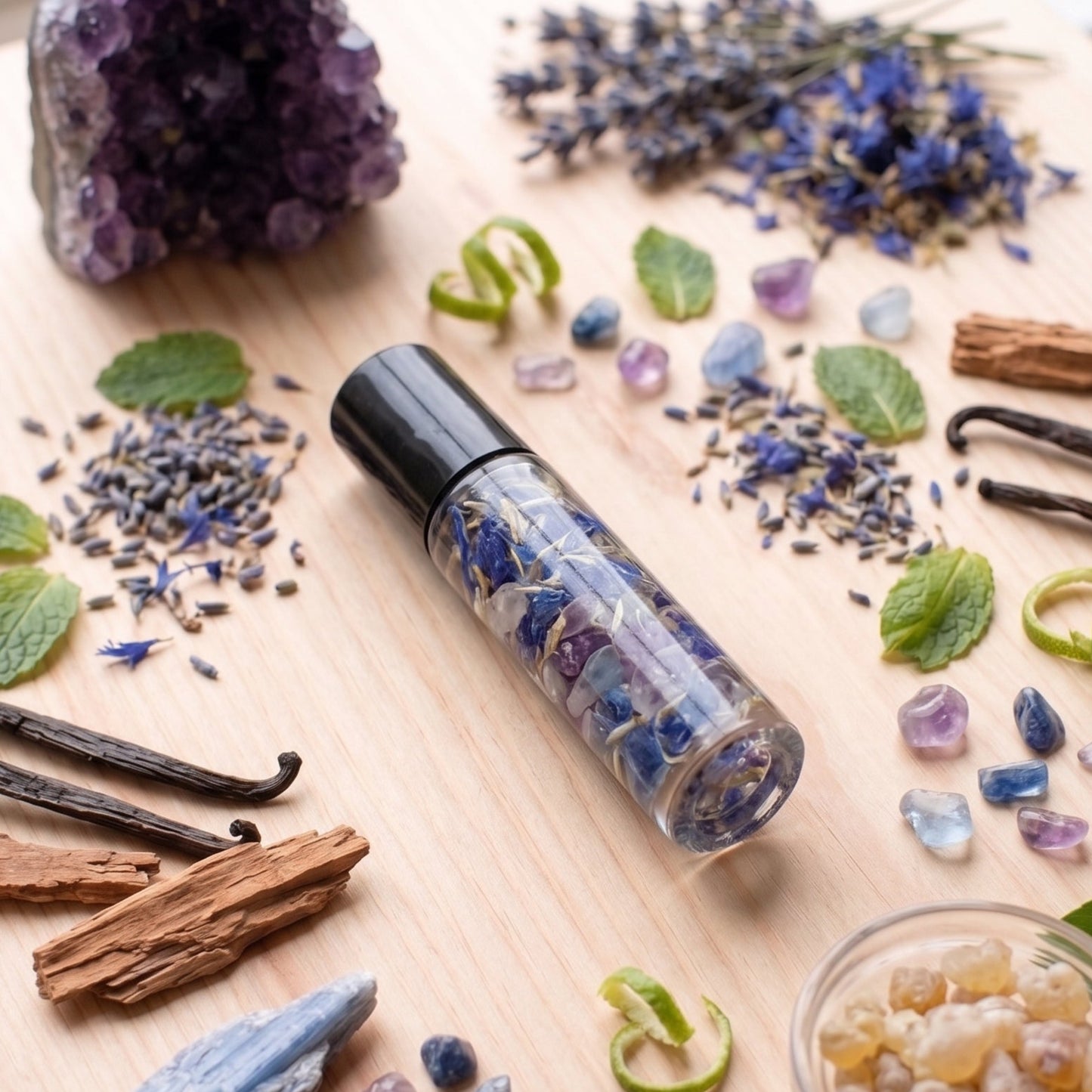 A clear cylindrical roller bottle filled with dried lavender buds and blue flowers, styled on a light wood surface with lavender sprigs, crystals, vanilla beans, cinnamon sticks, mint leaves, and a purple geode.