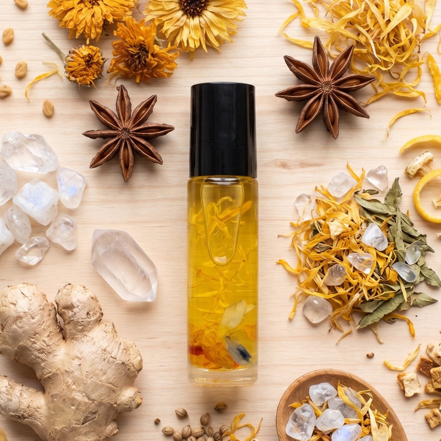 A clear cylindrical bottle with a black cap containing yellow essential oil, arranged on a light wood surface with dried flowers, star anise, crystals, ginger root, citrus zest, seeds, and a wooden spoon labeled 'Golden Essence'.