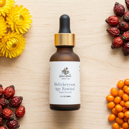 Skincare serum bottle with natural ingredients on a wooden surface