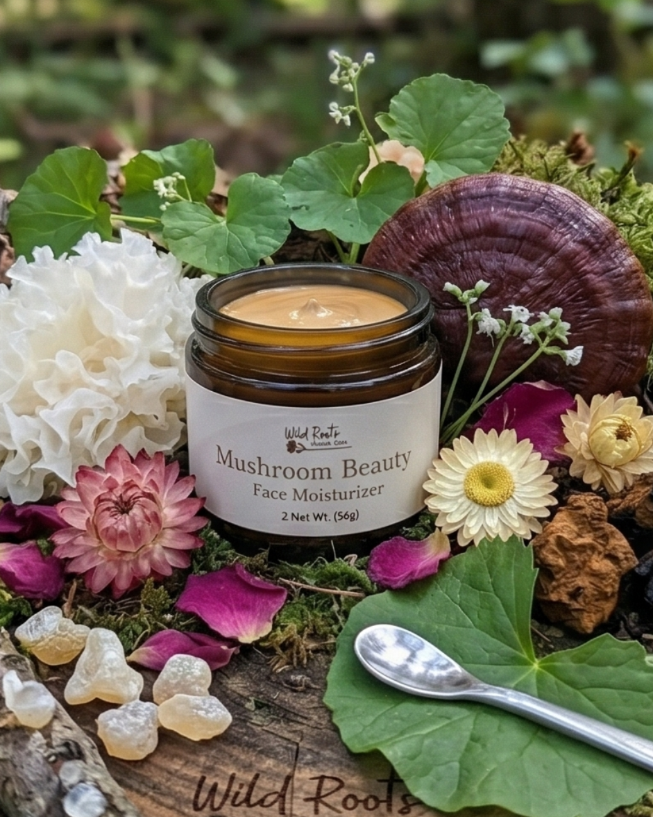 Collage of Wild Roots mushroom beauty product packaging with natural elements on a wooden surface.