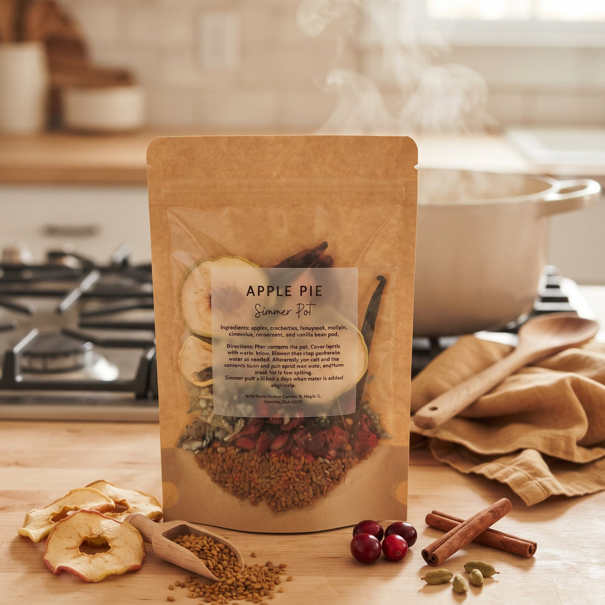A kraft paper stand-up pouch labeled Apple Pie Spiced Mule seasoning mix stands on a wooden countertop in a warm kitchen setting. The package is surrounded by dried apple slices, spices, cinnamon sticks, and cranberries, with steam rising from a pot in the background.