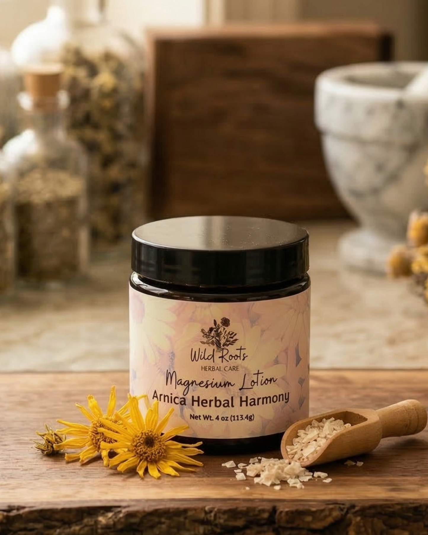 Arnical Herbal Magnesium lotion , cream, balm, salve, for pain, cramps, balance . displayed on a wooden live edge block with whole flower 