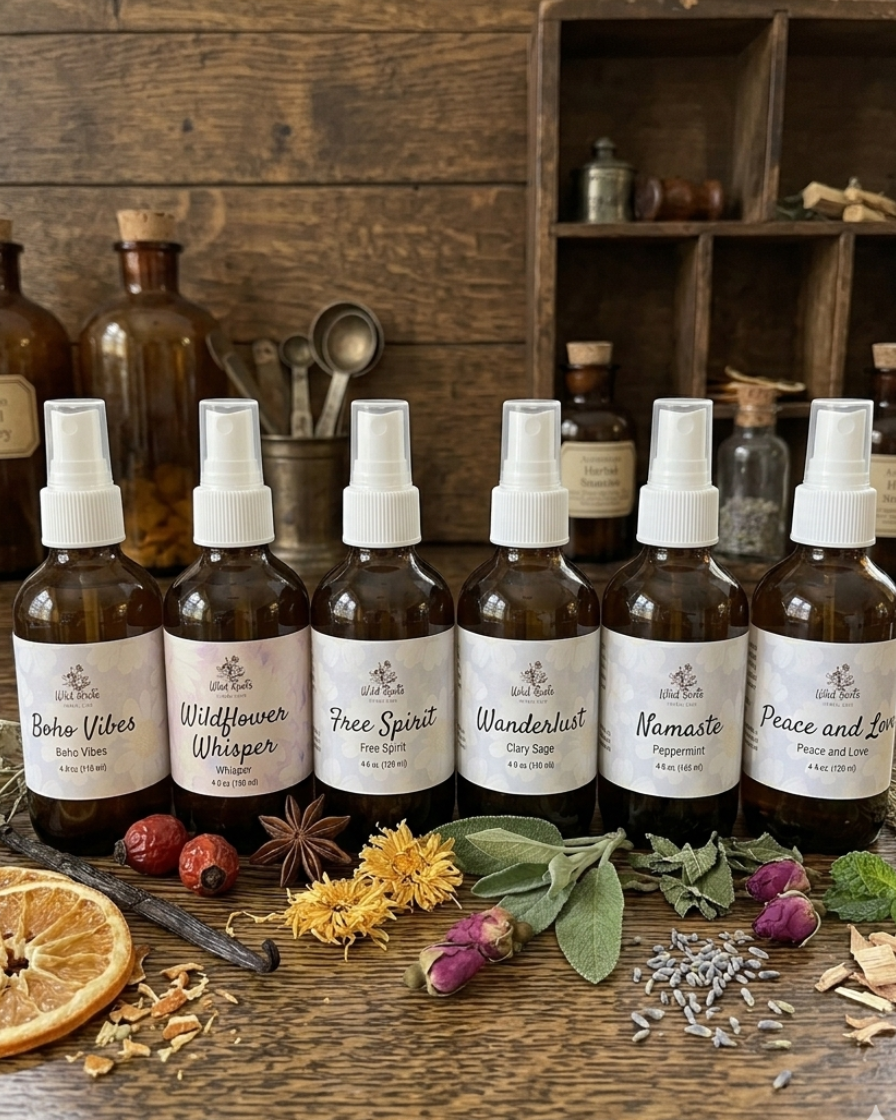 Row of brown bottles with white labels on a wooden surface with herbs and spices.