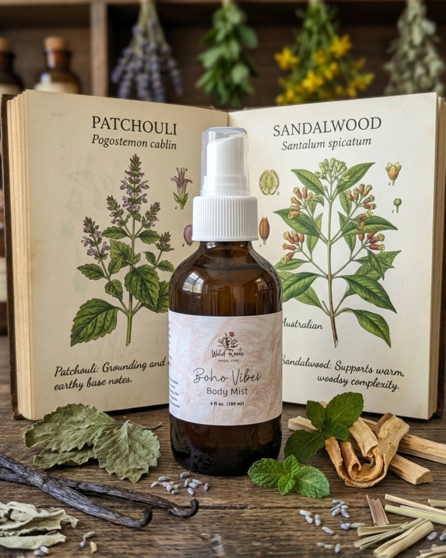 Bottle of 'Bhine Vibes' body mist with botanical illustrations and dried herbs on a wooden surface.
