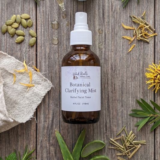 A bottle of Wild Berries Botanical Clarifying Mist is arranged on a rustic wooden surface with botanical ingredients including mint, rosemary, aloe vera, yellow flowers, seeds, and a cloth napkin.