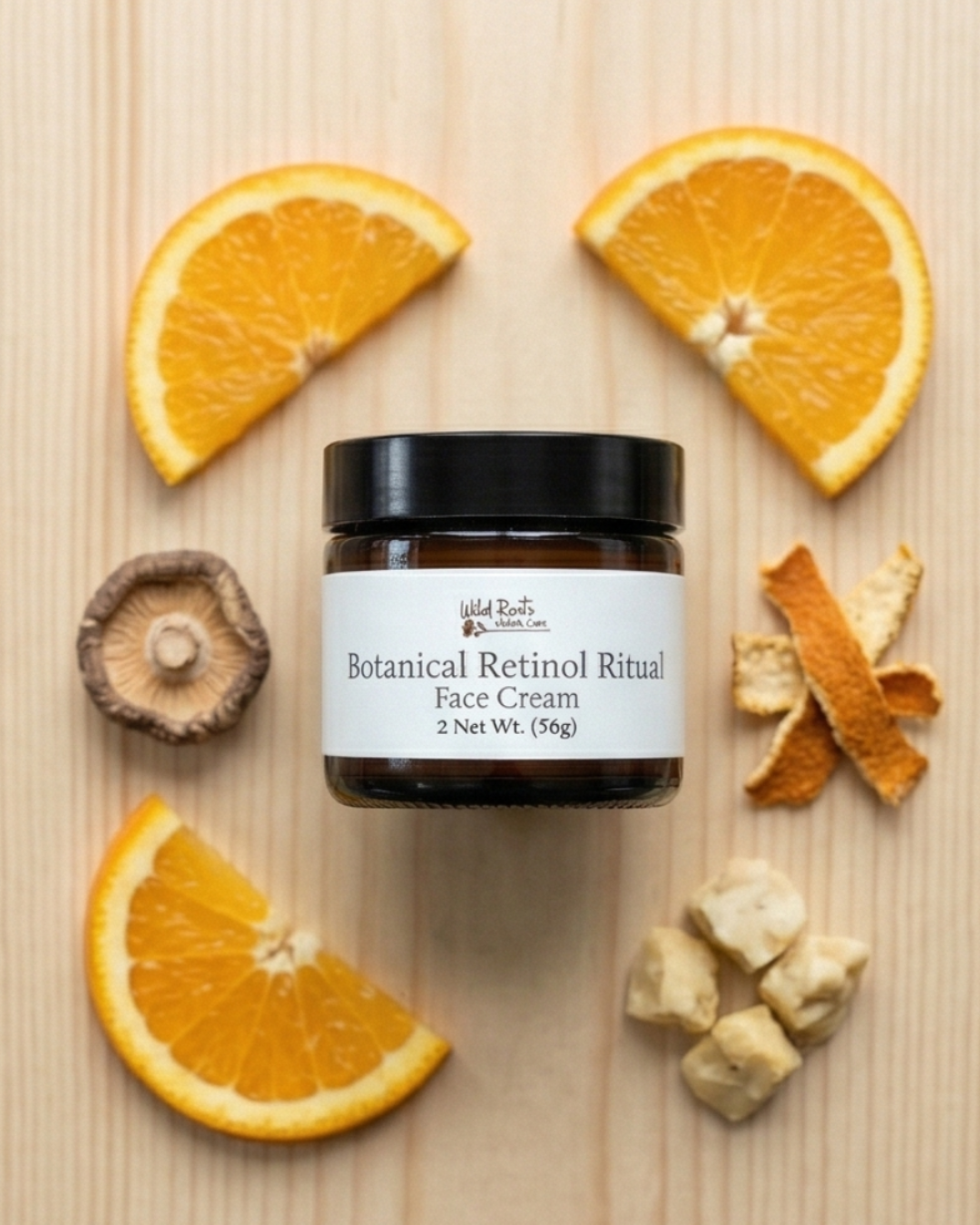 Jar of Botanical Retinol Ritual Face Cream surrounded by orange slices and dried elements on a wooden surface