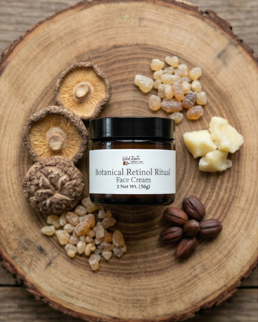Jar of Botanical Retinol Ritual Face Cream on a wooden surface with natural ingredients.