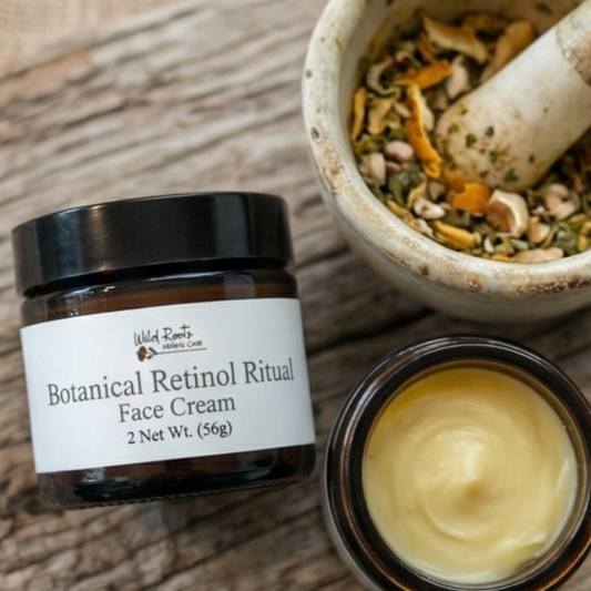 Jar of Botanical Retinol Ritual Face Cream with a mortar and pestle on a wooden surface