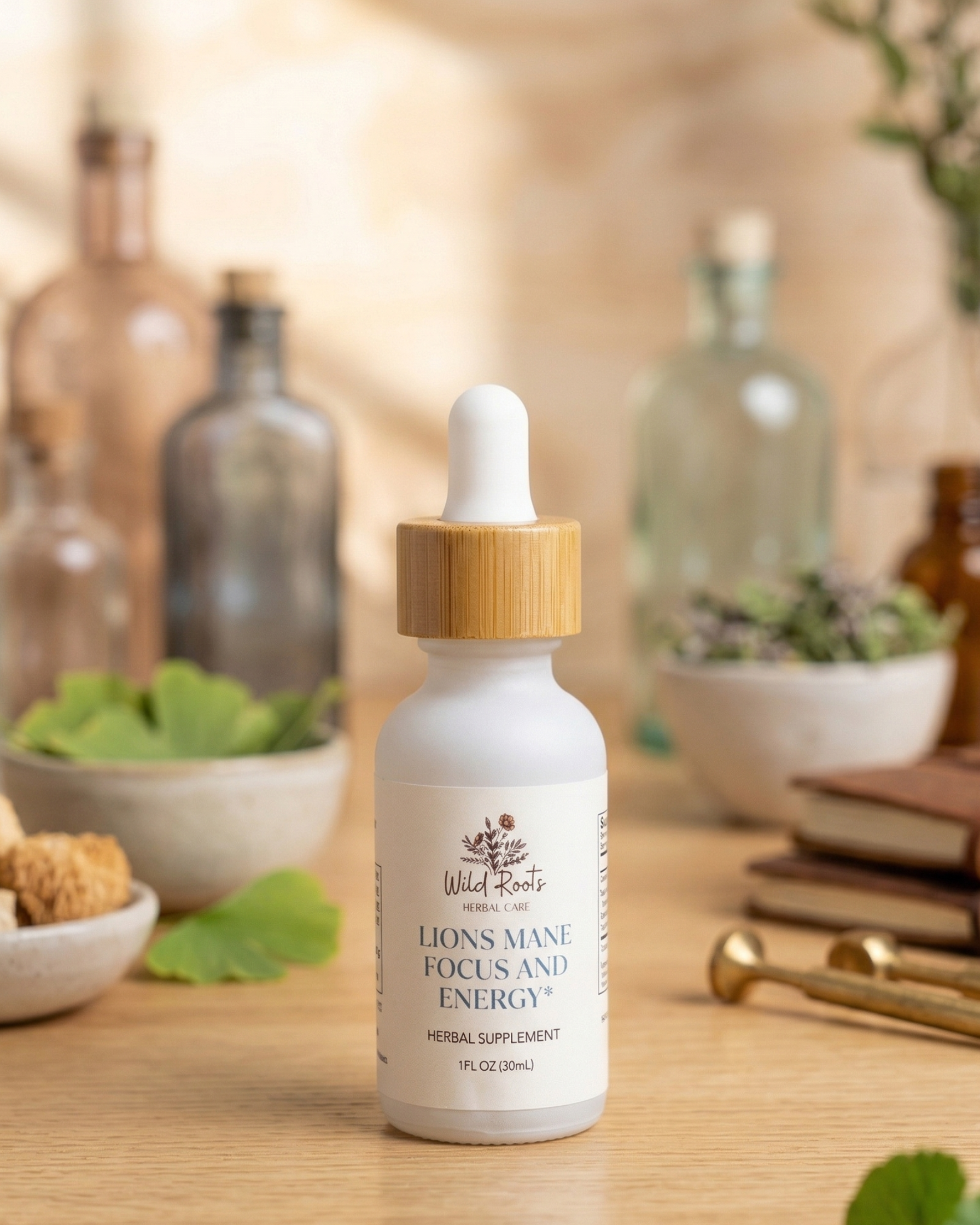 White bottle with wooden dropper on a wooden surface with blurred background