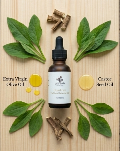 Bottle of confrey tincture with olive oil, castor seed oil, and plant materials on a wooden background