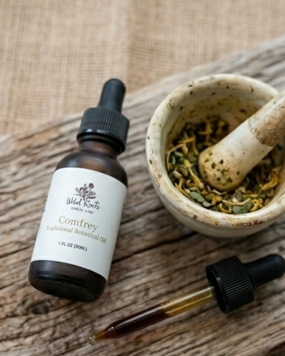 Bottle of Wild Roots Comfrey tincture with a dropper, mortar, and pestle on a wooden surface.
