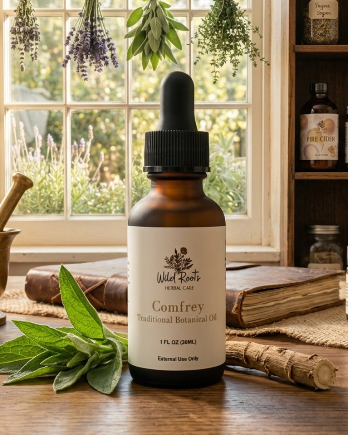 Bottle of Wild Roots Comfrey tincture on a wooden surface with herbs and books in the background.