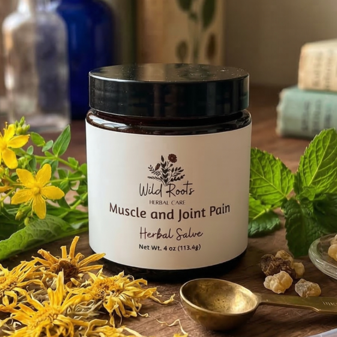 Jar of 'Wild Roots' muscle and joint pain relief cream on a wooden surface with herbs and bottles in the background.