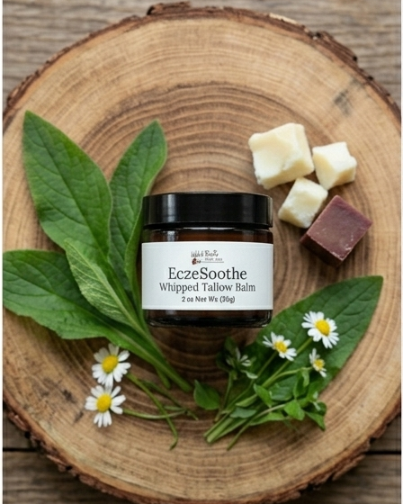 Jar of 'Eczesothe Whipped Tallow Balm' surrounded by leaves and flowers on a wooden surface