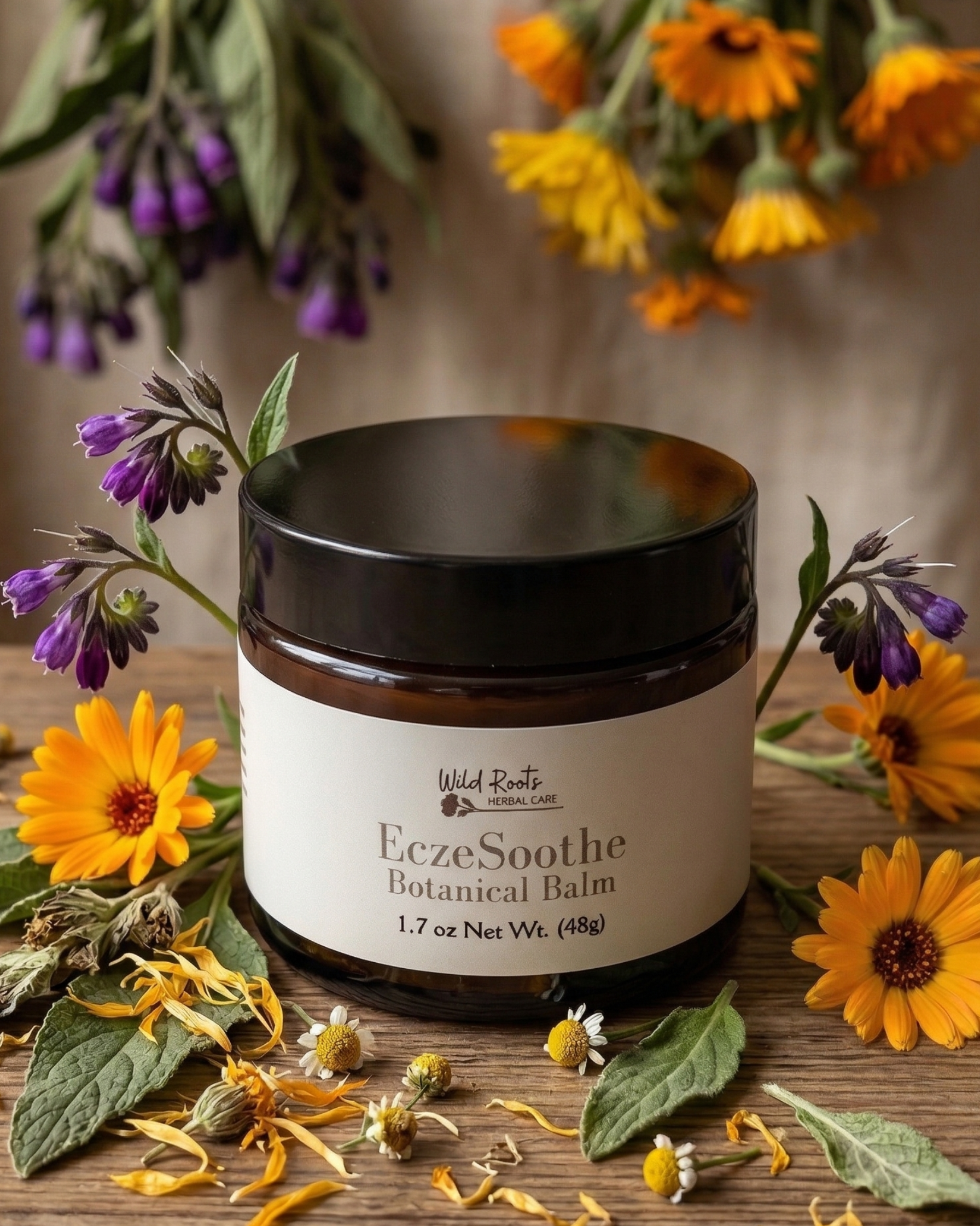 Jar of 'EczeSoothe Botanical Balm' surrounded by flowers on a wooden surface