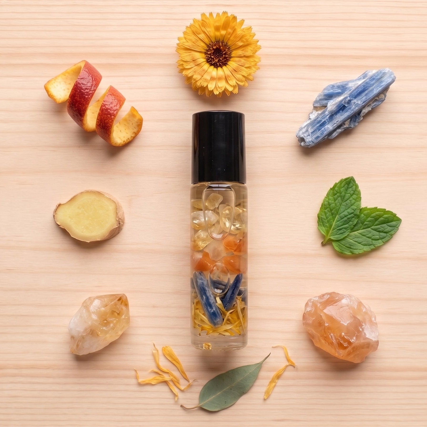 A clear cylindrical roller bottle with a black cap, filled with golden oil and suspended botanical elements, arranged on a light wood surface with decorative natural props including a yellow flower, citrus slices, ginger, crystals, mint, and dried leaves.