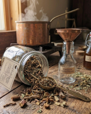 Herbal ingredients on a wooden table with a copper pot and bottles in the background
