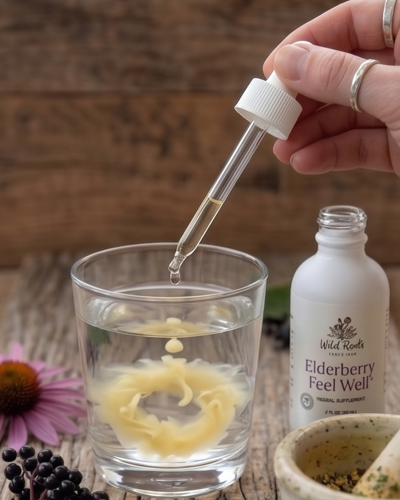 Hand using a dropper to add liquid from a bottle labeled 'Elderberry Feel Well' into a glass of water on a wooden surface.