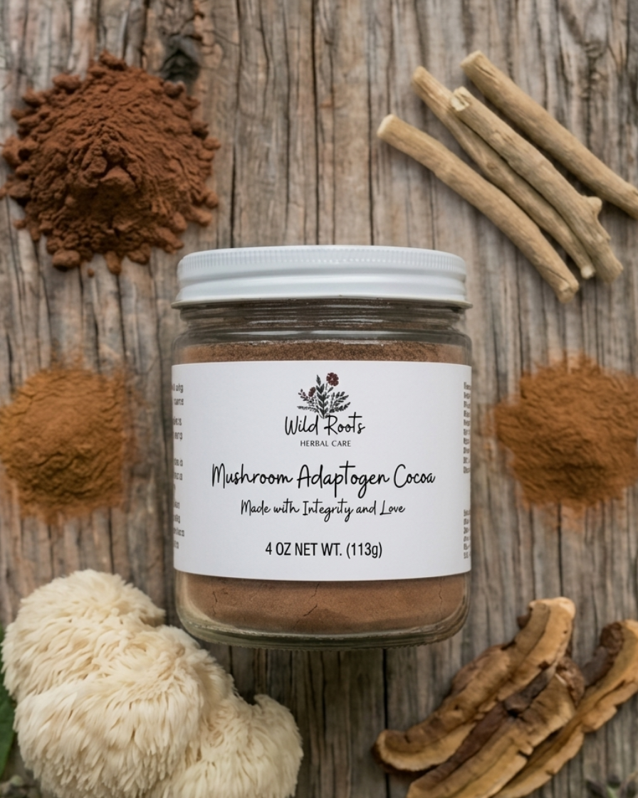 Jar of 'Mushroom Adaptogen Cocoa' on a wooden surface with dried herbs and leaves.