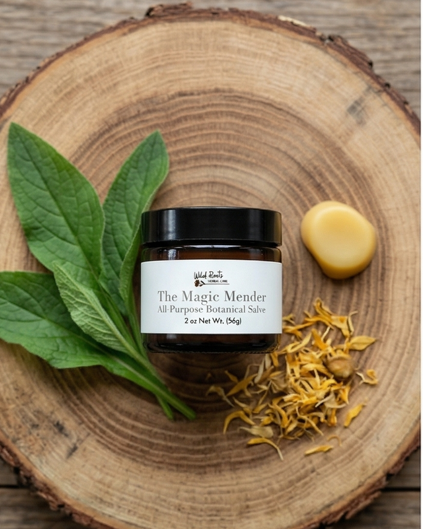Collage of natural skincare products with herbs on wooden surfaces