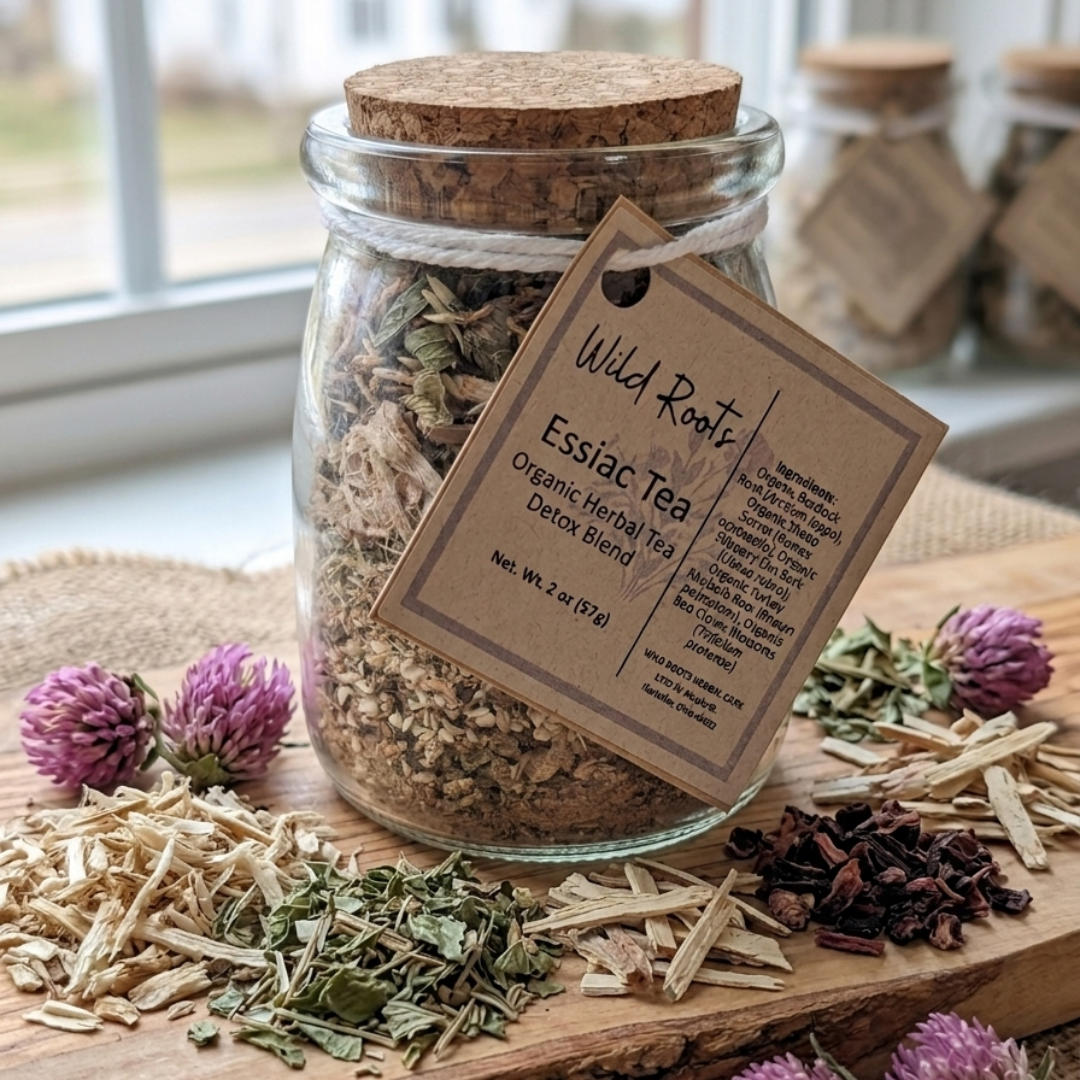 Jar of Wild Roots Essiac Tea with a label on a wooden board with dried herbs and purple flowers.