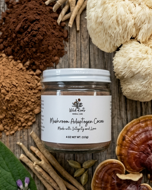 Jar of 'Mushroom Adaptogen Cocoa' on a wooden surface with various mushrooms and herbs.