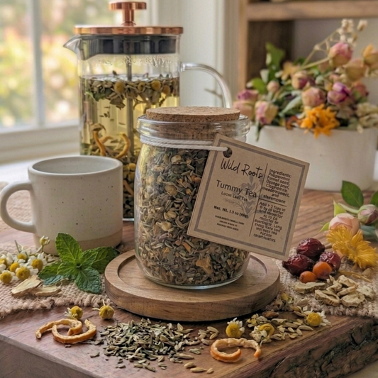Jar of dried herbs on a wooden surface with a mug and flowers in the background