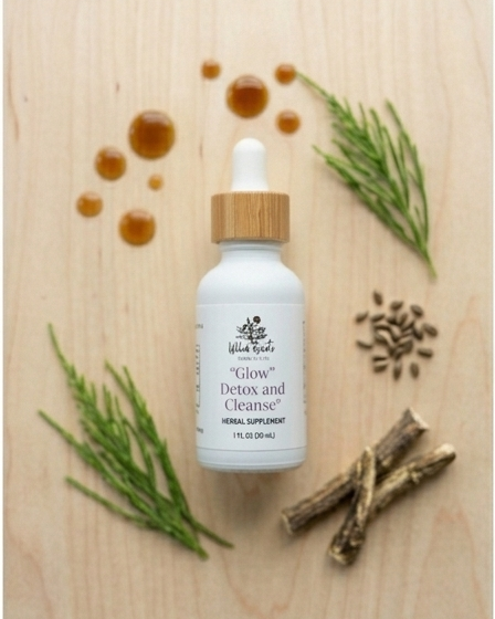 Herbal supplement bottle labeled 'Glow Detox and Cleanse' on a wooden surface with herbs and spices.
