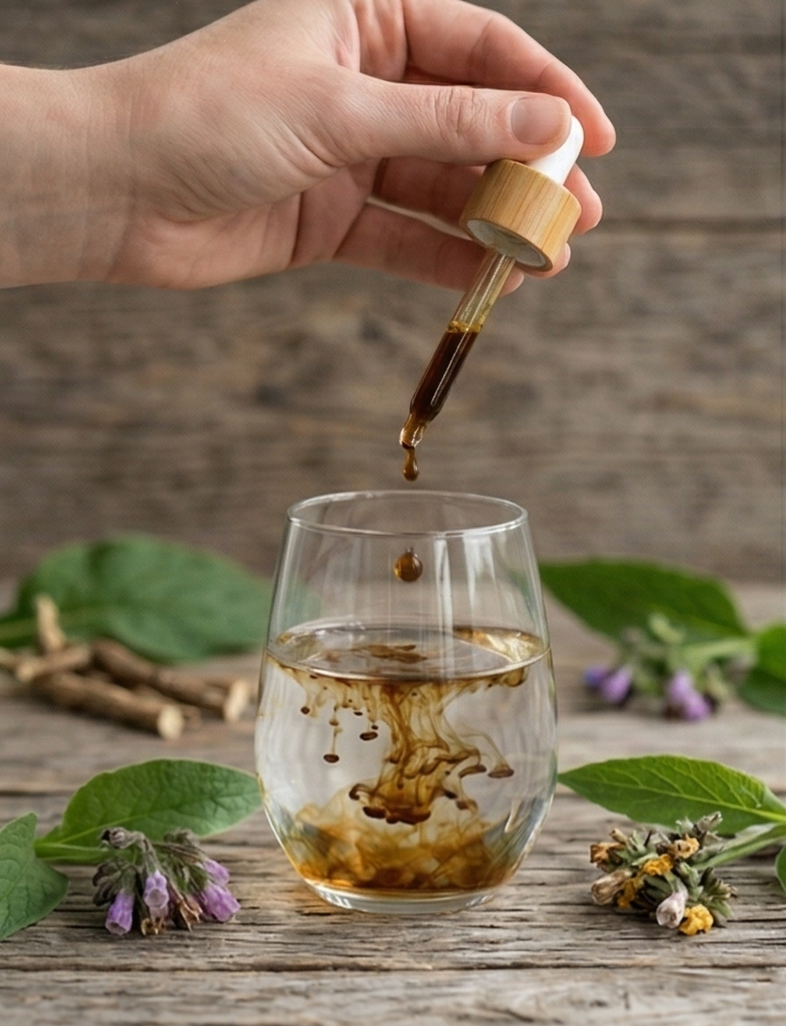 Hand dropping liquid from a dropper into a glass with natural elements on a wooden surface