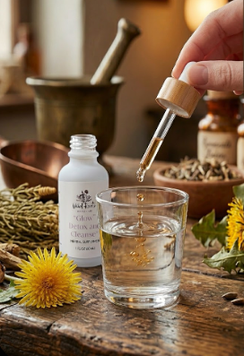 Hand using a dropper to add liquid from a bottle into a glass on a wooden surface with herbs and a bottle labeled 'Citrus Bitter' in the background.