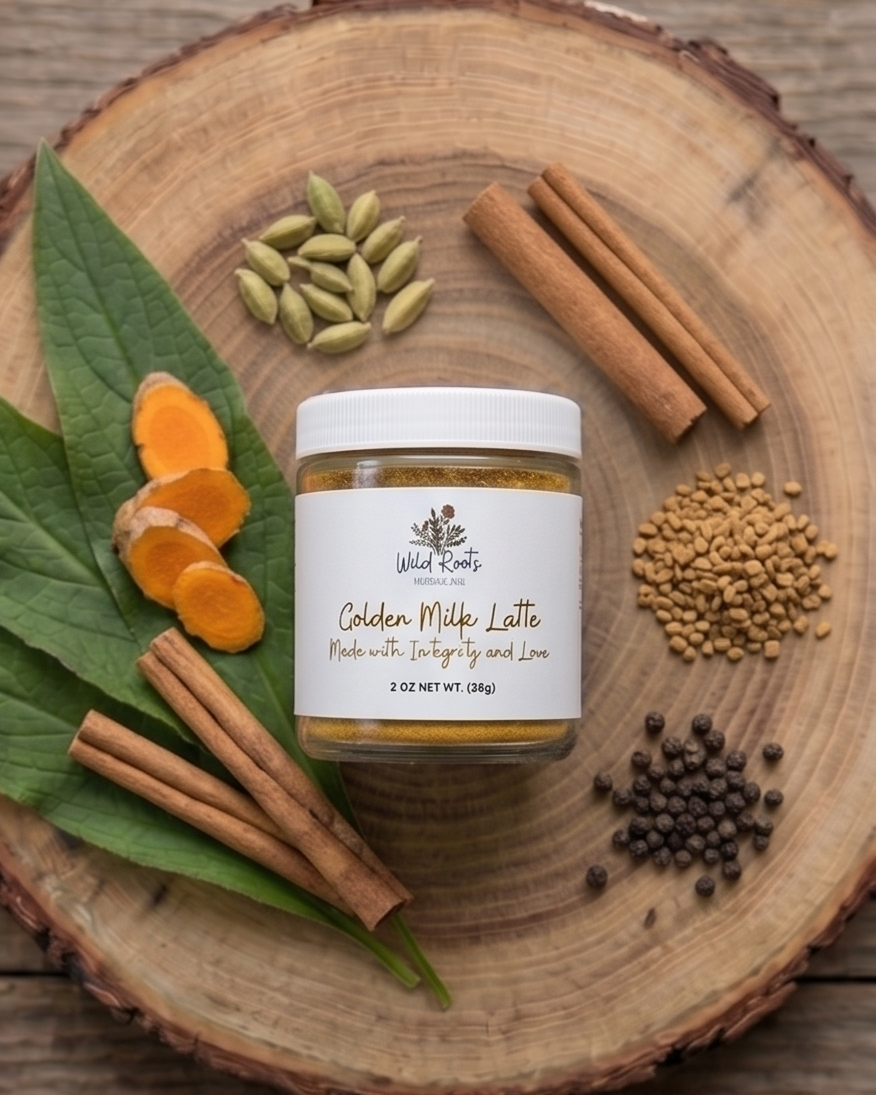 Jar of 'Golden Milk Latte' on a wooden surface with spices and leaves