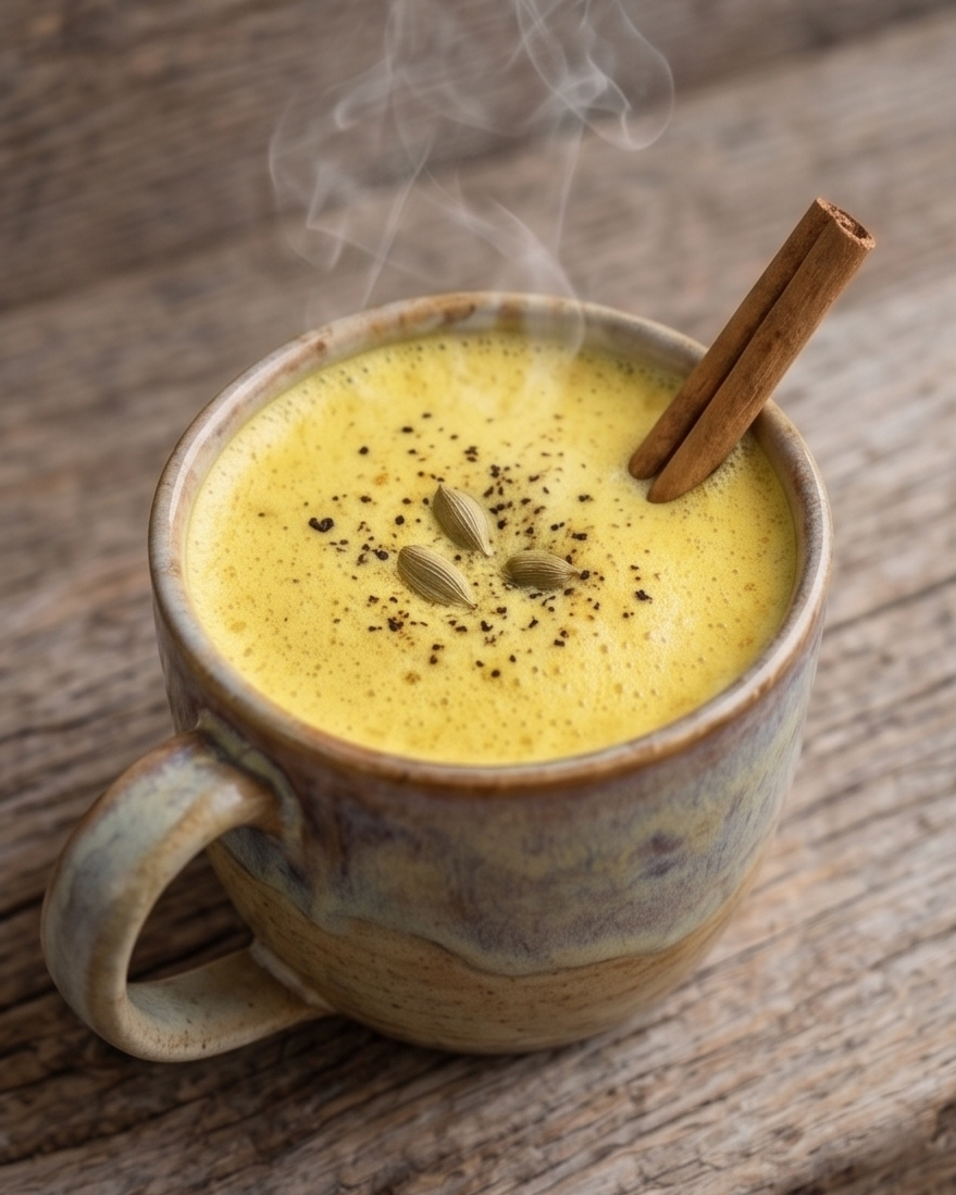 Steaming mug of yellow liquid with a cinnamon stick on a wooden surface