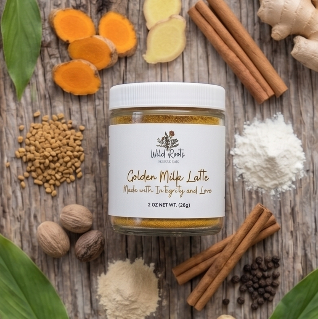 Jar of Golden Milk Latte mix surrounded by spices and ingredients on a wooden surface