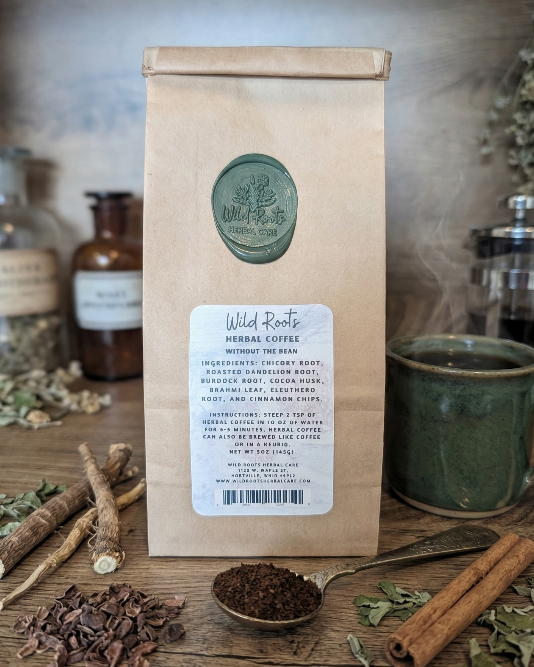 Herbal coffee alternative, dandelion root, chicory root