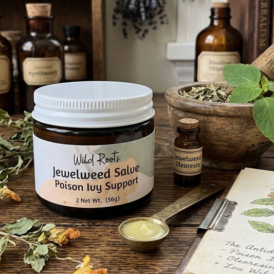 Jewelweed Salve jar on a wooden surface with herbs and books in the background