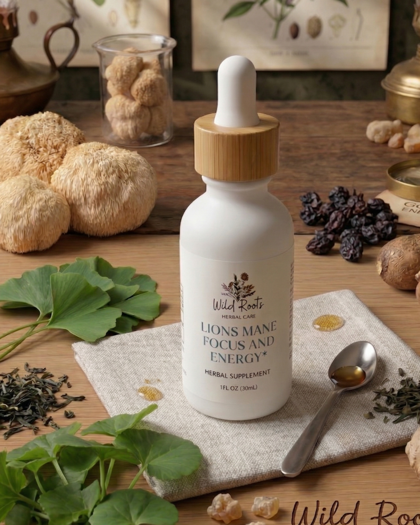 Supplement bottle labeled 'Wild Roots Herbal Care' on a wooden table with natural ingredients.