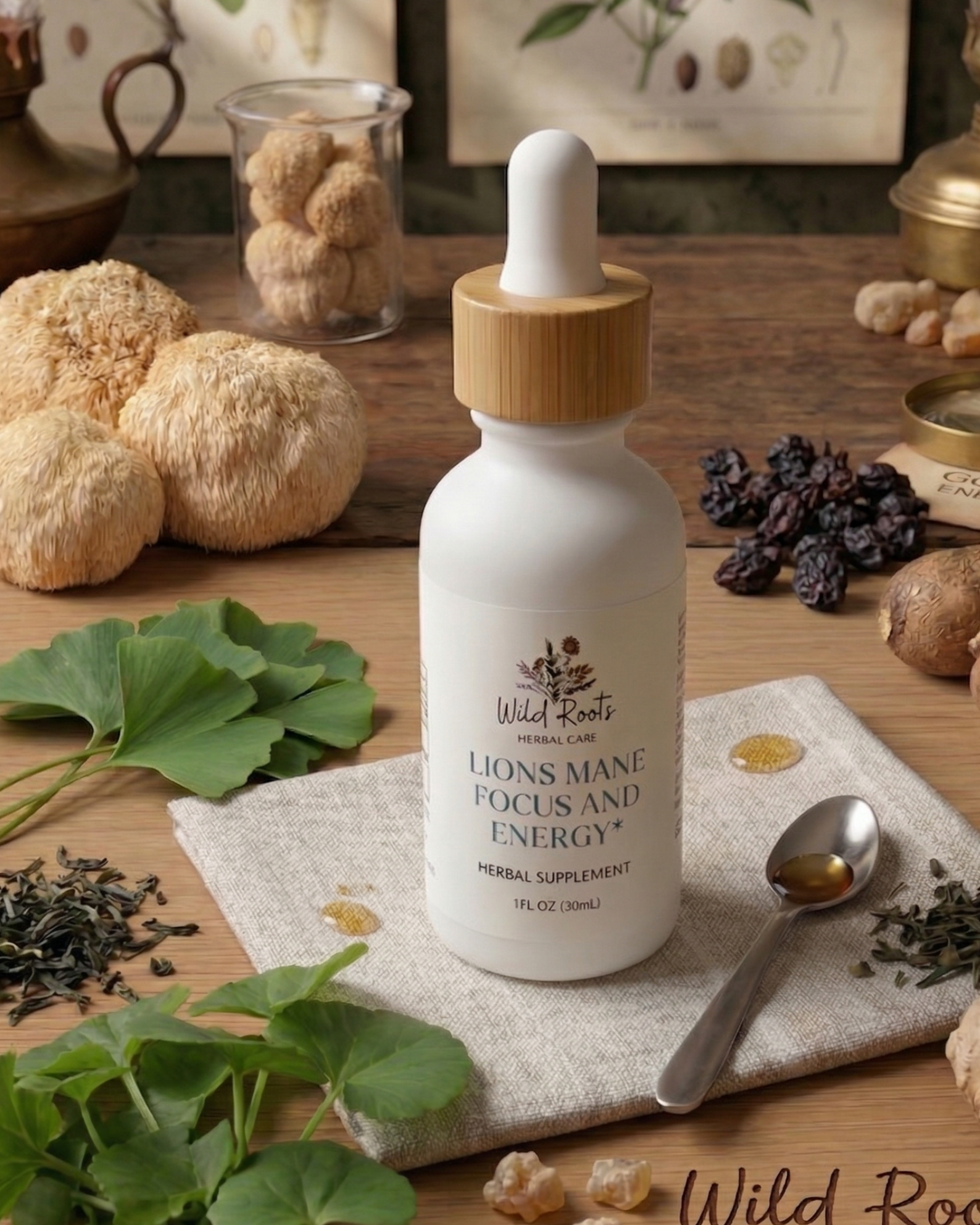 Supplement bottle labeled 'Wild Roots Herbal Care' on a wooden table with natural ingredients.