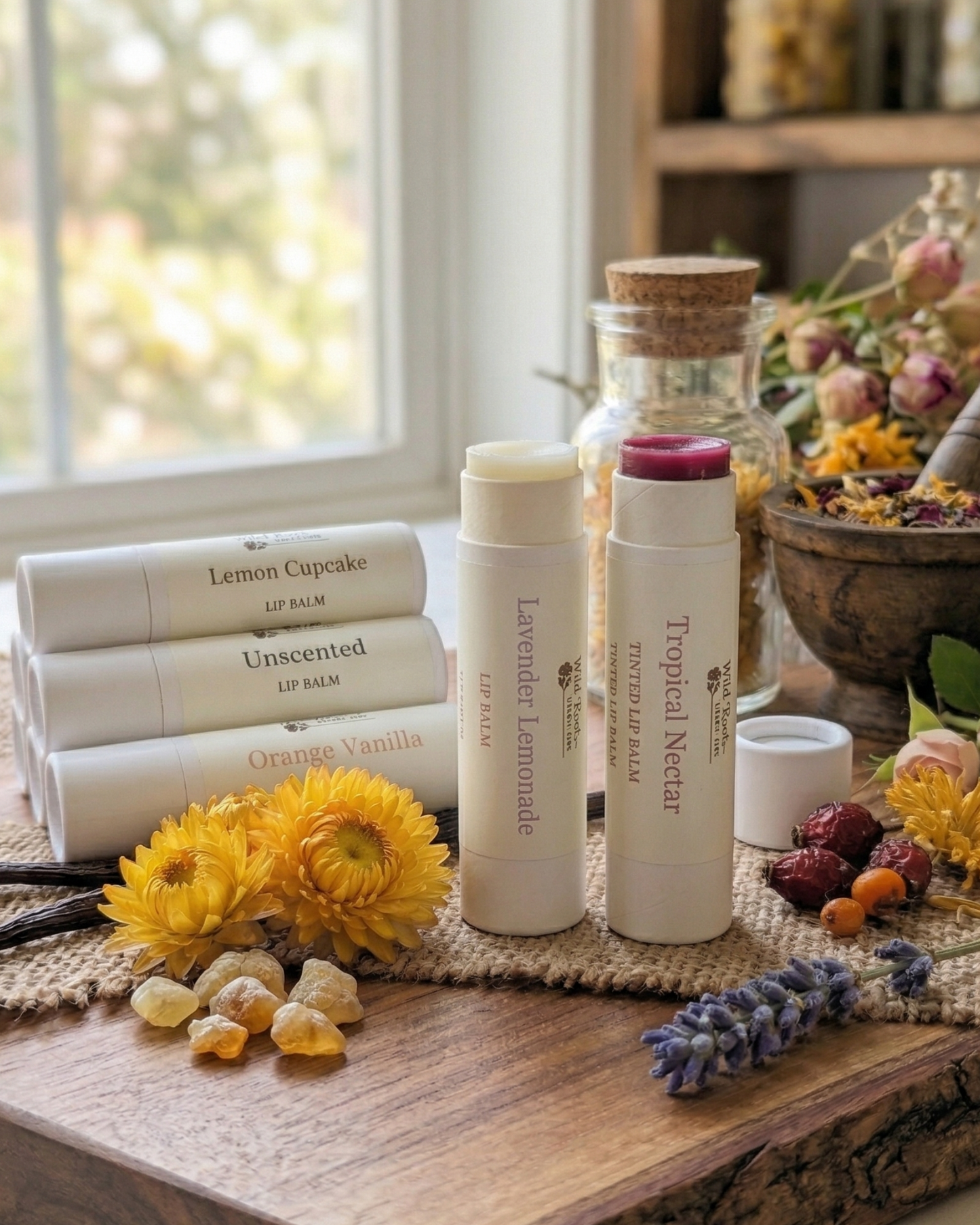 Collection of lip balm tubes on a wooden surface with flowers and a window in the background